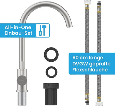 Bächlein Küchenarmatur Gleno (gebürsteter Edelstahl) – Einhand-Spültischbatterie aus Edelstahl mit 3