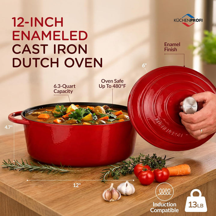 Küchenprofi Gusseisen Bräter mit Deckel, rot/innen schwarz , 31 cm, Schmortopf, Auflaufform, Dutch O