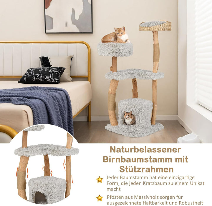 COSTWAY 124cm Kratzbaum Holz, Katzenbaum mit Katzenhöhle &amp; Plüschsitzfläche &amp; Sitzplattform, Katzent