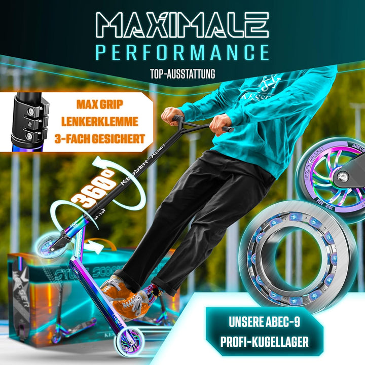 KESSER® Stunt Scooter X-Limit - 360° Lenkung Robuster Funscooter Stuntscooter mit ABEC 9 Kugellagern