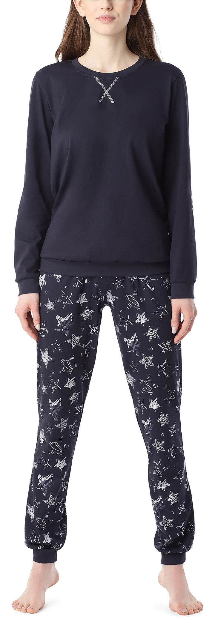 Merry Style Damen Schlafanzug aus Baumwolle Pyjama Nachtwäsche Set MS10-168 S Marineblau-silberne St
