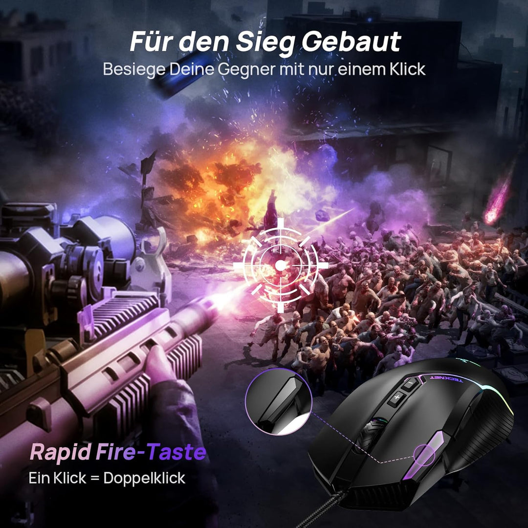 TECKNET Kabelgebundene Gaming Maus, Treibereinstellung 6 Stufen (12800-1200) DPI Mouse mit optischem