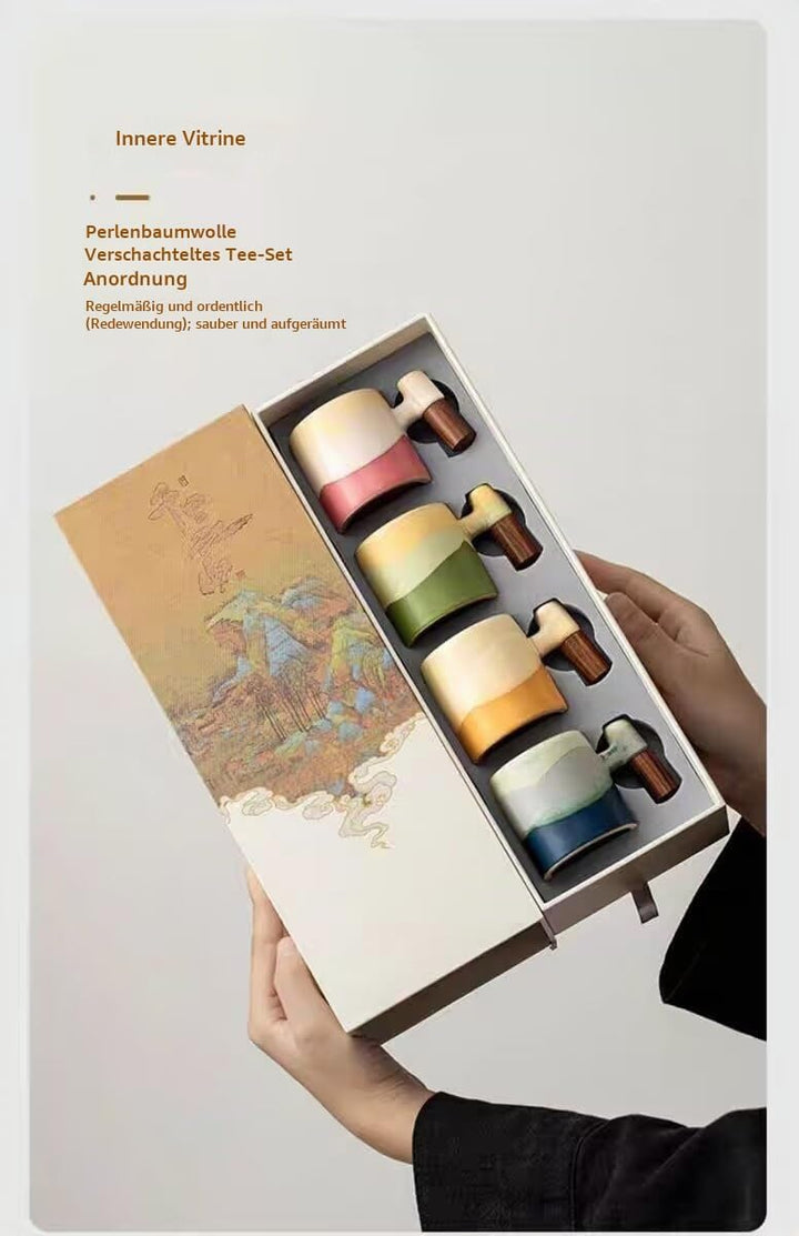 Espressotassen Keramik 82ml 4er-Set gerader Griff | Holzgriff, Farbverlauf, Demitasse, Geschenk-Box-