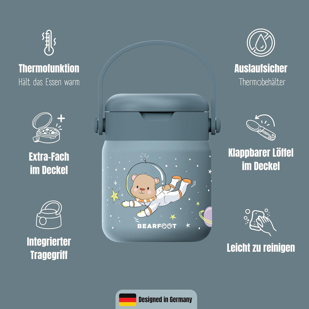 BEARFOOT Kinder Thermobehälter Edelstahl 500ml, BPA-frei (Astro Bär - Blau) | Auslaufsicher, mit fal