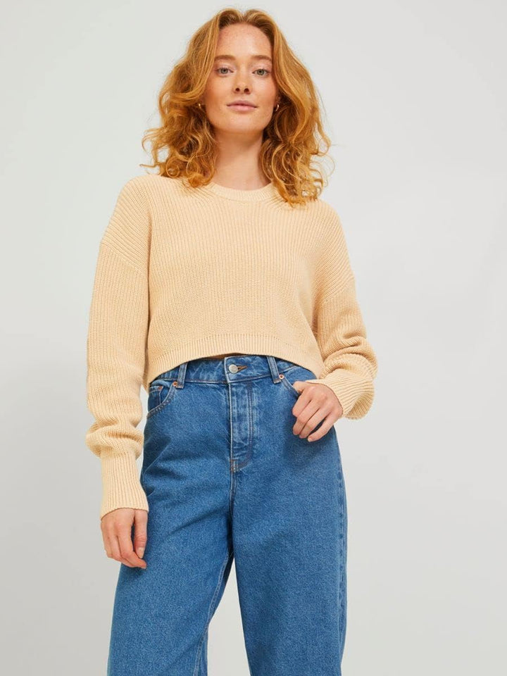 JJXX Damen Jjxx Jxcarlota Ls Twist Cropped Cn Knit Pullover L Beige, L Beige