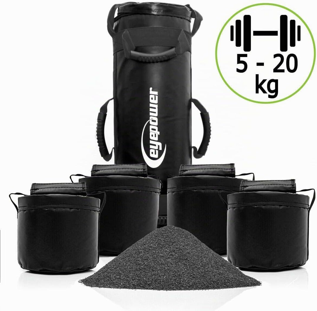 eyepower 20kg Profi Power Bag + 4 Wasserdichte Kettlebell Gewichte mit Eisensand - Besser als Geräte