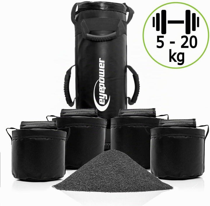 eyepower 20kg Profi Power Bag + 4 Wasserdichte Kettlebell Gewichte mit Eisensand - Besser als Geräte