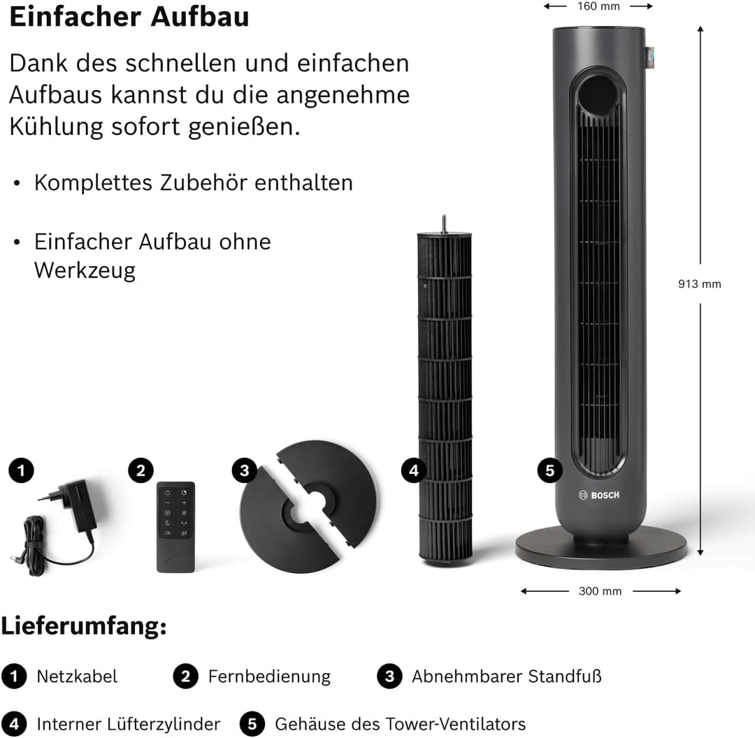 Bosch Tower Fan 4000, Turmventilator, Leise &amp; Leistungsstark, 2170 m³/h | Mit Fernbedienung, 8 Gesch