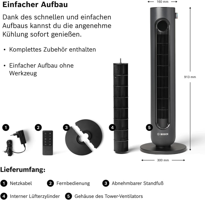 Bosch Tower Fan 4000, Turmventilator, Leise &amp; Leistungsstark, 2170 m³/h | Mit Fernbedienung, 8 Gesch