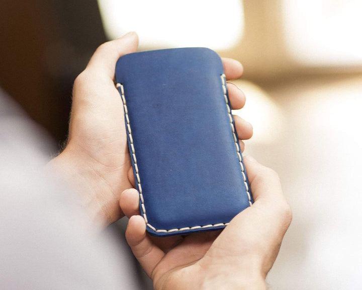 Blaues Leder Hülle für iPhone 15 PRO MAX, Handgenähtes Etui