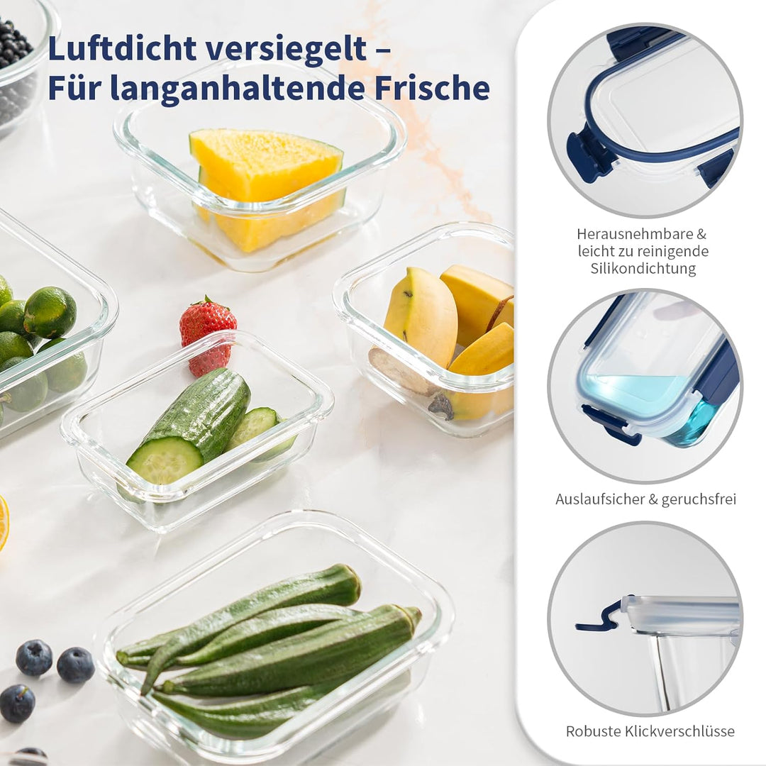 Meal Prep Boxen Glas, Glasdosen mit Deckel Set, Frischhaltedosen Glas mit Auslaufsicherer Verschluss
