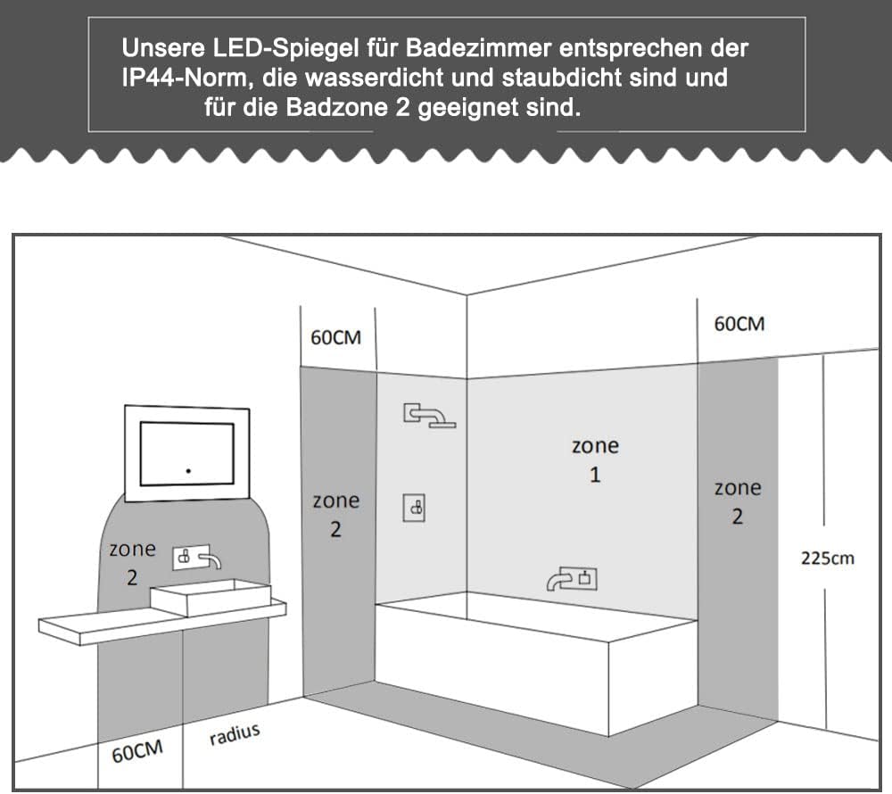 Biubiubath Badspiegel mit Beleuchtung,80x60cm LED Wandspiegel mit Touch-Schalter,Beschlagfrei,Badezi