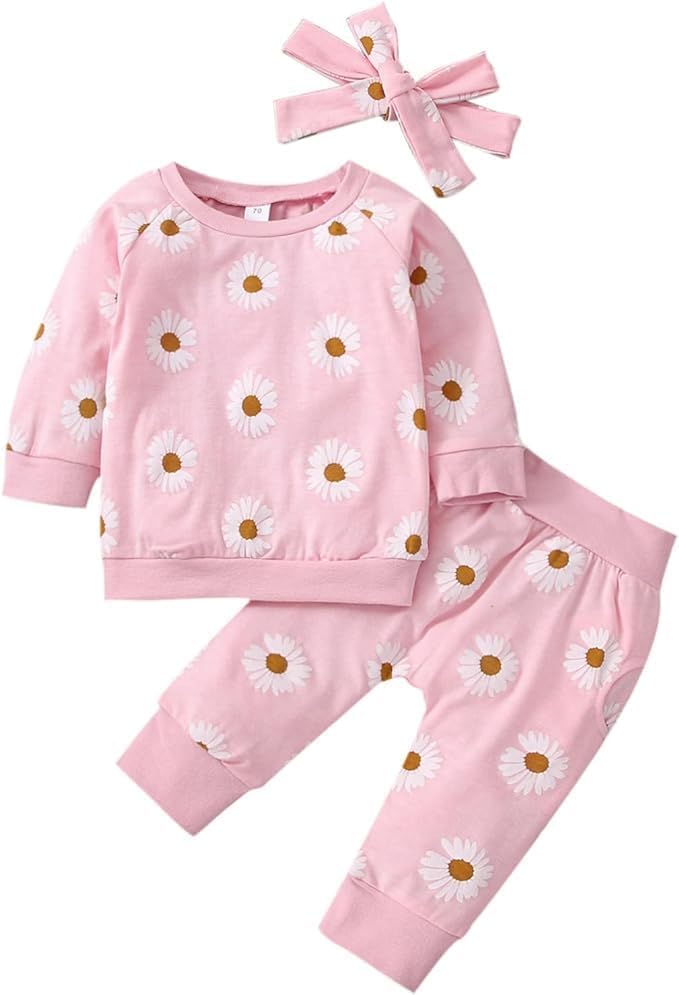 Neugeborene Säugling Baby Mädchen Kleidung Langarm Daisy Blume Sweatshirt+Hosen+DIY Stirnband Outfit