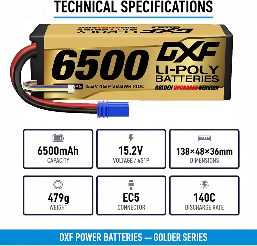 DXF Hochvolt, 4S, 6500mAh, 15,2 V, 140C, Hardcase mit EC5 Spina per 1:8 Scala RC Auto, Multi-Rotor,