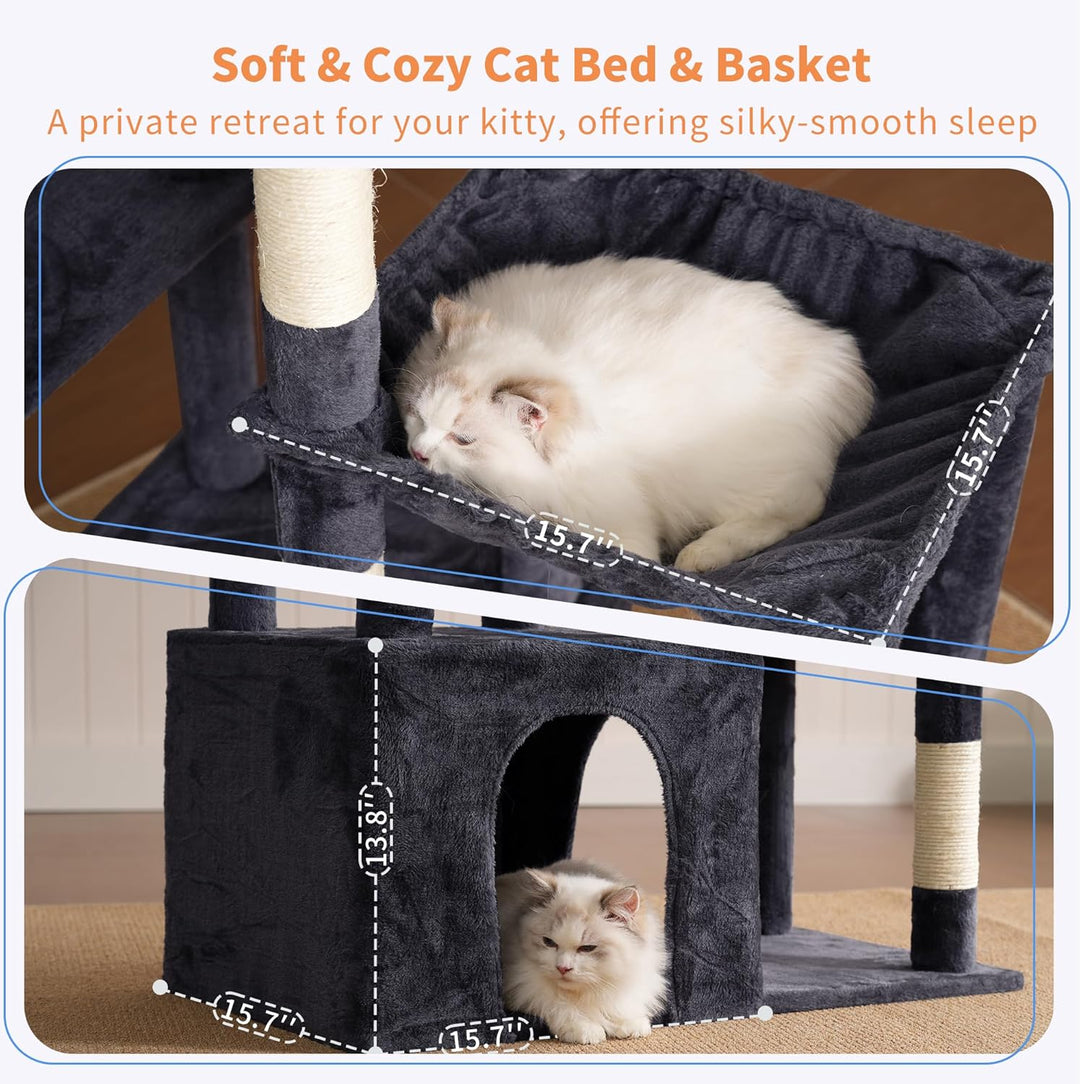 Heybly Kratzbaum 120cm - Grosser Katzenbaum für Erwachsene Katzen mit XL-Basis, Katzenwohnung mit Me