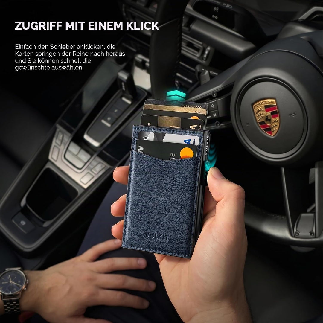 VULKIT Kreditkartenetui Leder Kartenetui RFID Blocking Automatische Pop Up Visitenkartenetui für Kar