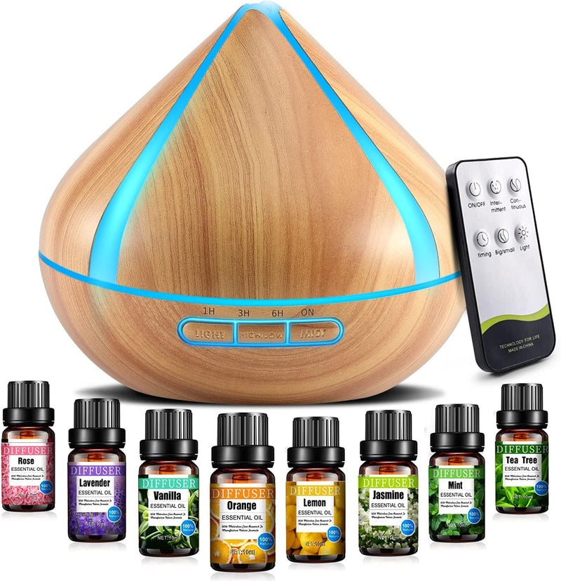 500 ml Essential Oil Diffuser with 8 Oils, Aromatherapy Diffuser with Remote Control, 4 Timers, Auto