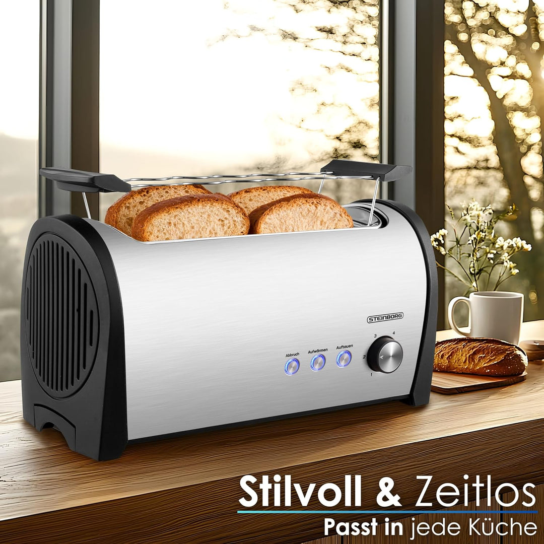 Steinborg Toaster 4 Scheiben mit Brötchenaufsatz XXL Langschlitztoaster Edelstahl Blaue LED Beleucht