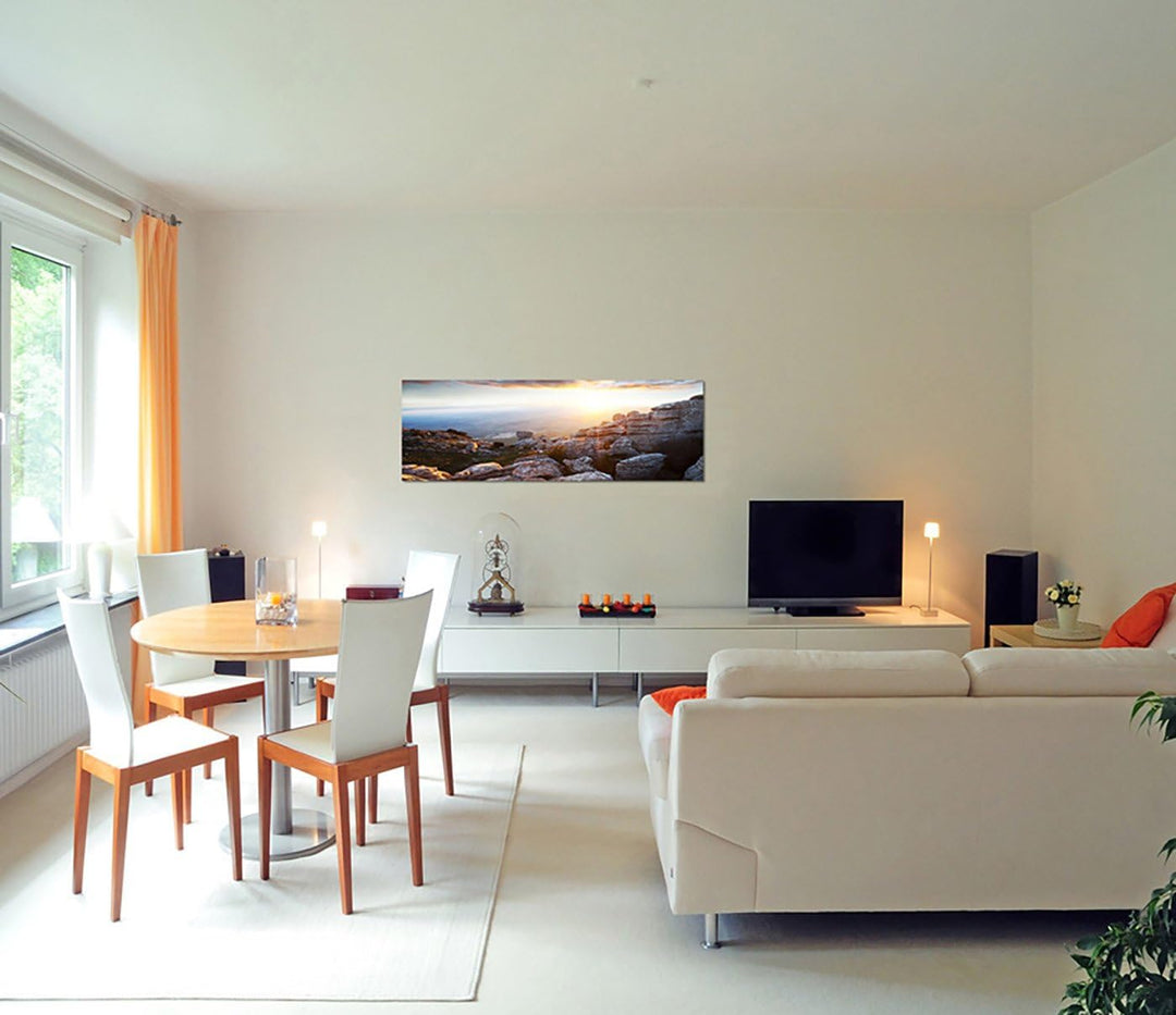 Paul Sinus Art Panoramabild auf Leinwand und Keilrahmen 150x50cm Spanien Gebirge Berge Sonnenstrahle