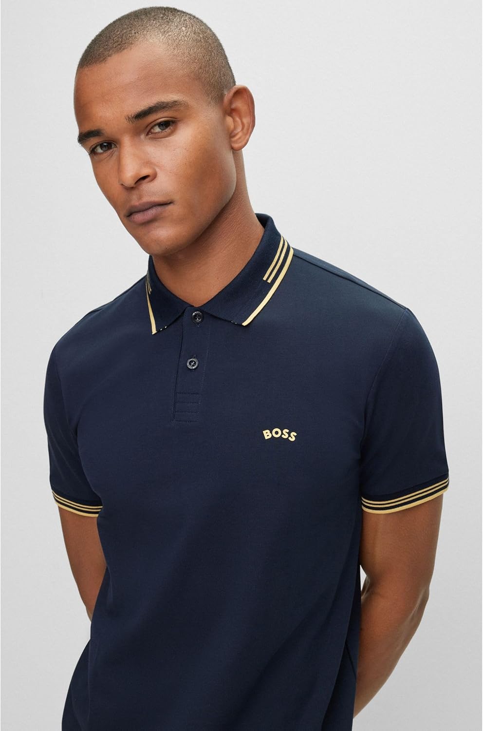 BOSS Herren Paul Curved Slim-Fit Poloshirt aus Stretch-Baumwolle mit geschwungenem Logo Dunkelblau M