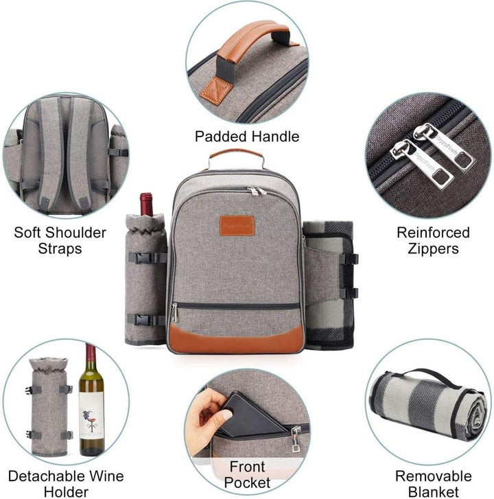 HappyPicnic Isolierter Picknickrucksack für 4 Personen mit komplettem Geschirr, geräumigem Kühlfach,