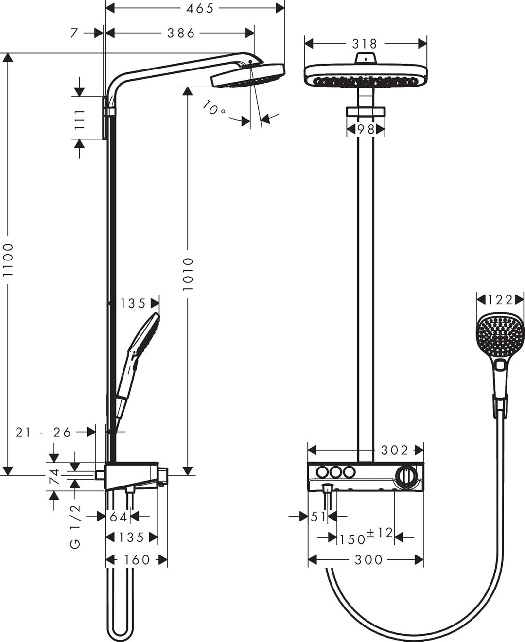 hansgrohe Duschsystem Raindance Select E 300 (Regendusche mit 4 Strahlarten, Duschkopf, Duschstange