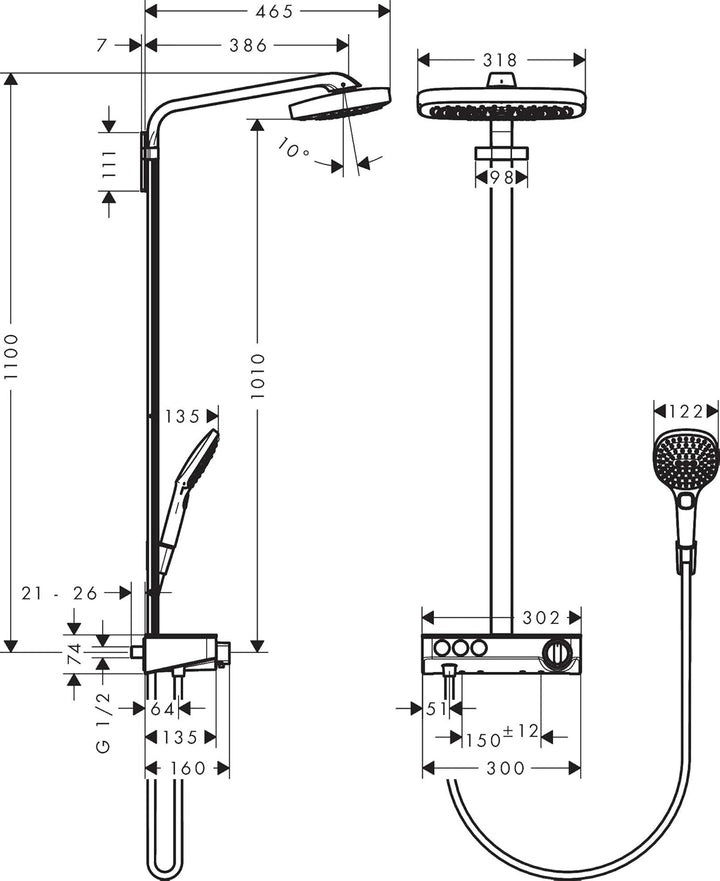 hansgrohe Duschsystem Raindance Select E 300 (Regendusche mit 4 Strahlarten, Duschkopf, Duschstange