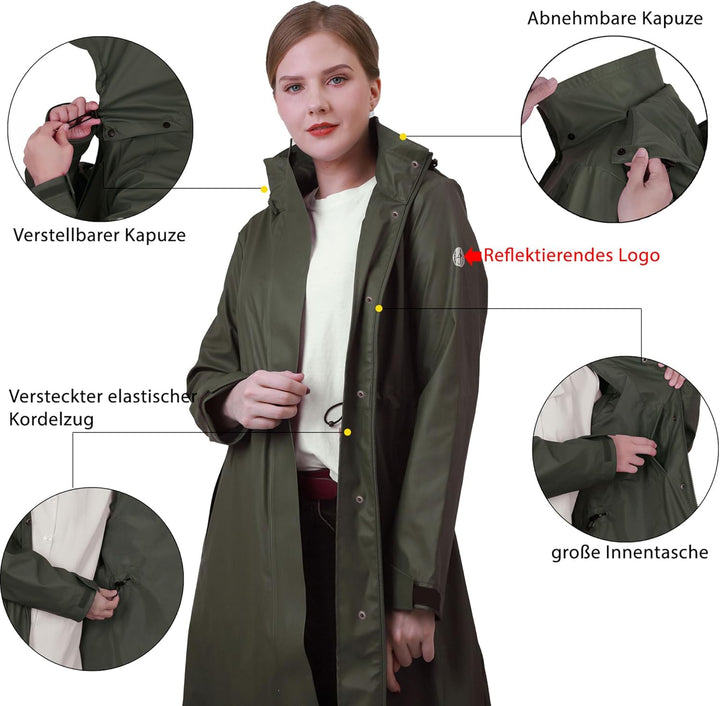 Regenmantel Damen lang Regenparka Damen wasserdicht atmungsaktiv gefütterte Regenjacke Trenchcoat Üb