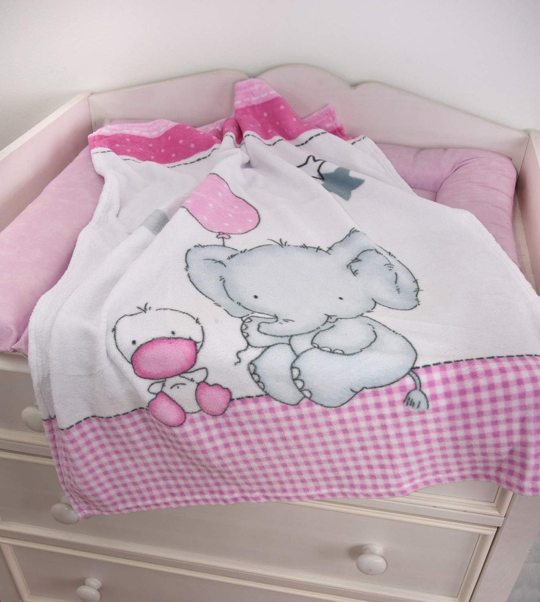 Herding Fynn Babydecke, Elefant Motiv, 75 x 100 cm, Microfaserflausch, Weiss/Rosa