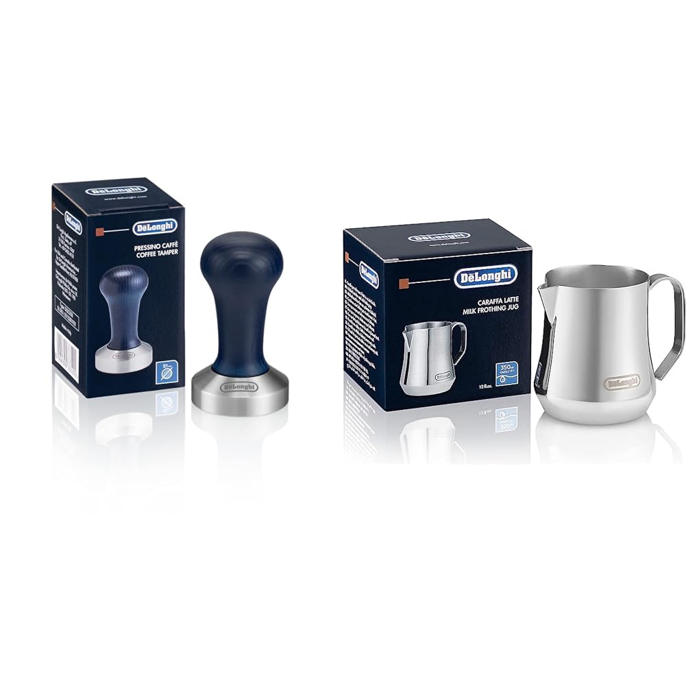 De'Longhi DLSC058 Kaffee-Tamper aus Edelstahl mit Holzgriff, blau/silber & Milchkännchen DLSC060, 35