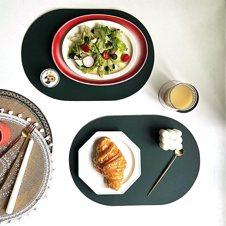 Oval Tischsets Abwischbar, Leder Kunstleder Platzset Zweifarbig Wasserdicht Platzdecken mit Unterset