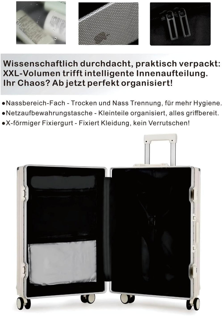 Alu-Rahmen Handgepäck Koffer (55cm) - 45L Hartschalenkoffer mit Becherhalter & Handyhalter - Premium