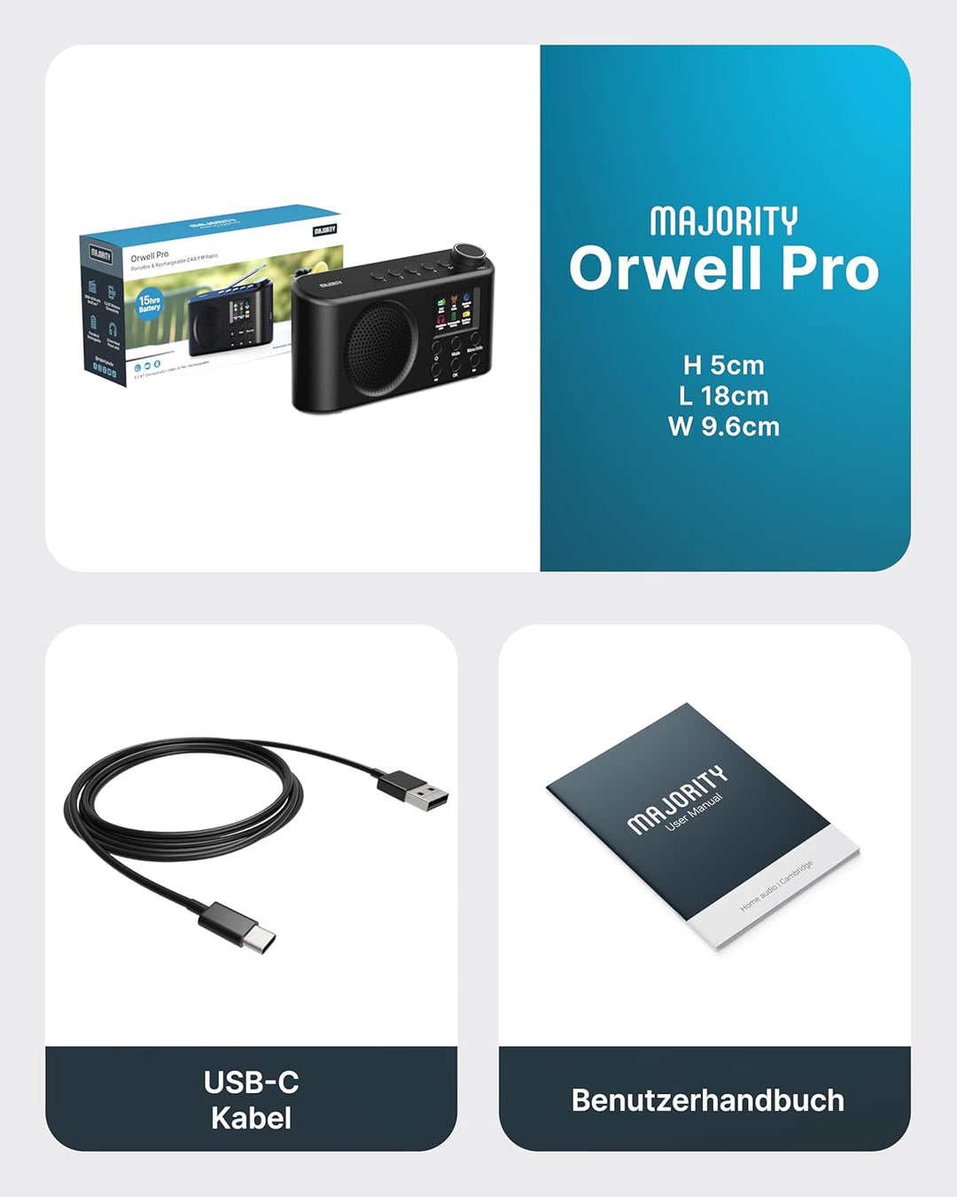 MAJORITY Orwell DAB+ Radio Tragbar | Bluetooth 5.2, UKW/FM, USB-C Akku, 12 Std Wiedergabe | LED-Disp
