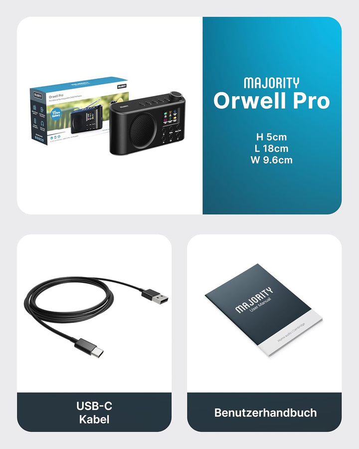 MAJORITY Orwell DAB+ Radio Tragbar | Bluetooth 5.2, UKW/FM, USB-C Akku, 12 Std Wiedergabe | LED-Disp