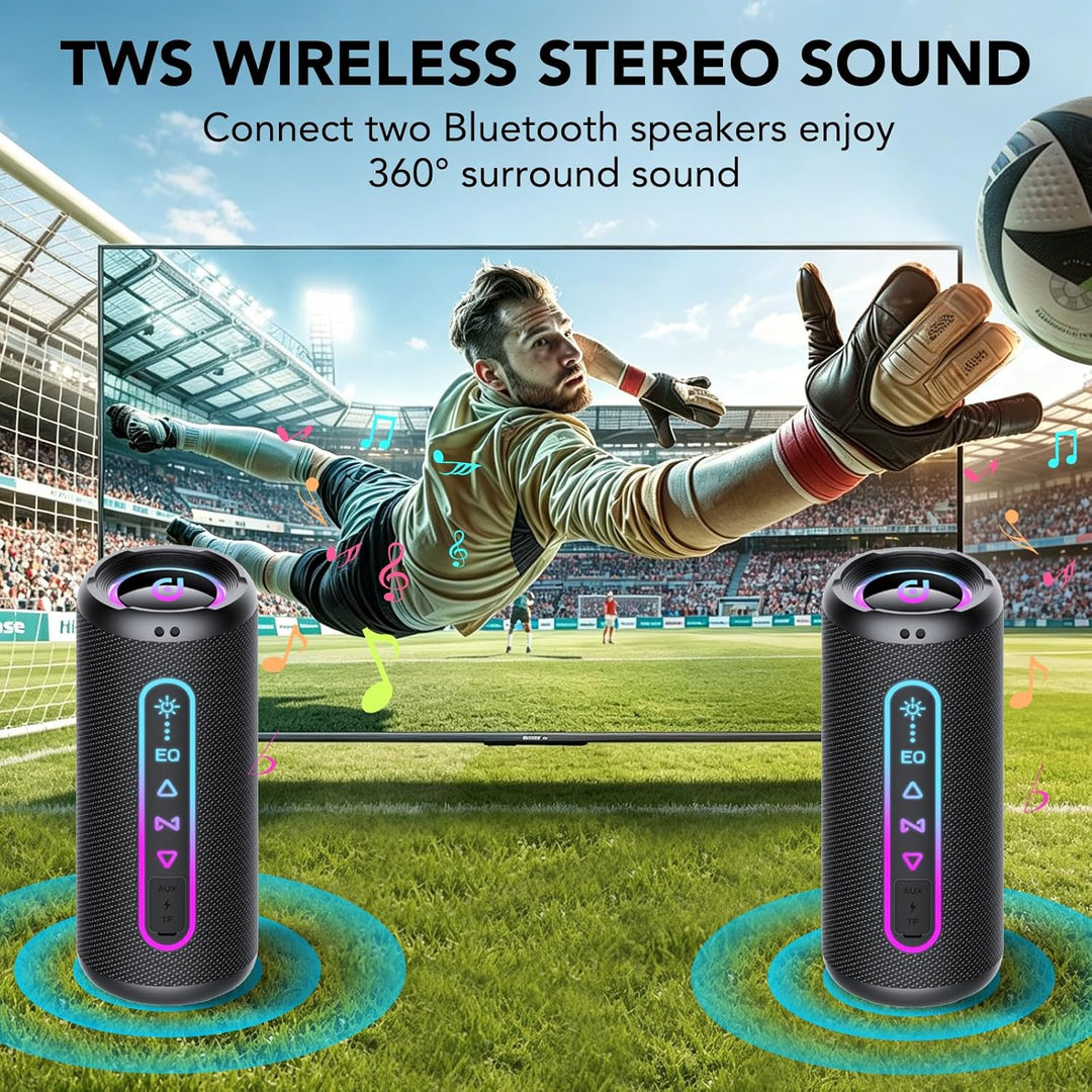 Bluetooth Lautsprecher mit Licht, 25W Musikbox mit Dualen Bass-Treibern | TWS Koppelbar Stereo Sound