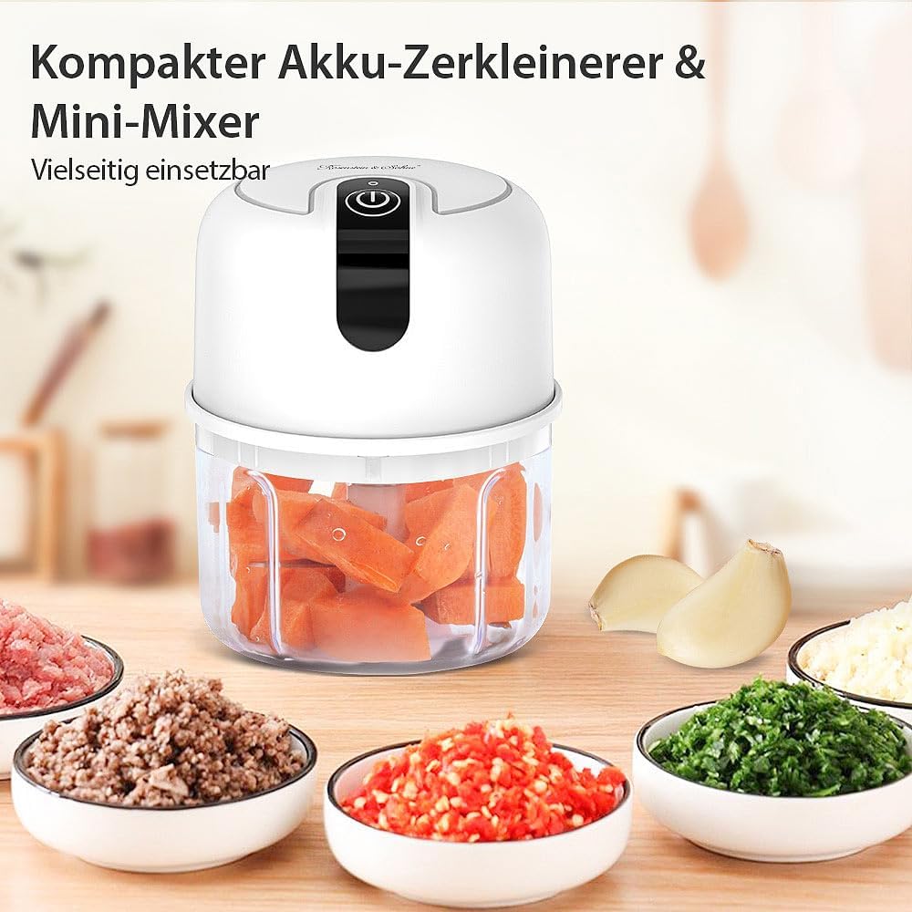 Rosenstein &amp; Söhne Zwiebelschneider: Kompakter Akku-Zerkleinerer &amp; Mini-Mixer, 200 ml, inkl. Netztei