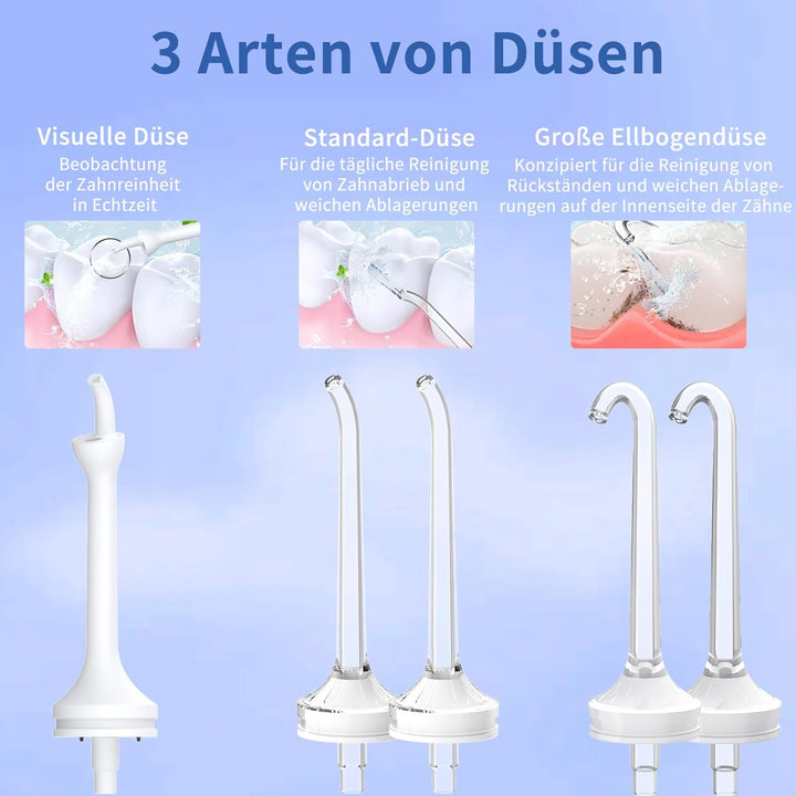 Visuell Munddusche Kabellos, IPX7 Wasserdicht, 5 Multifunktionale Jet-Tipps, 350ML WassertankTestsie