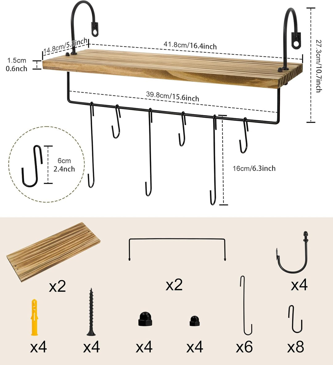 Petrala Holz Wandregal Kaffeebar Küchenregal Schweberegale 2er Set, Wandboard mit Handtuchhalter Hak