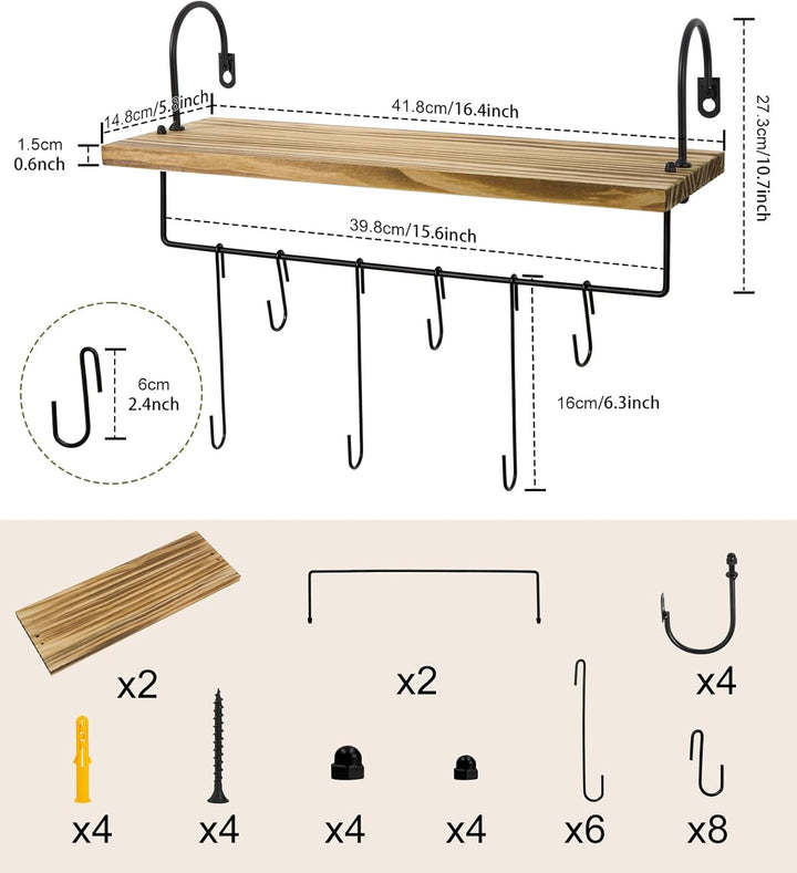 Petrala Holz Wandregal Kaffeebar Küchenregal Schweberegale 2er Set, Wandboard mit Handtuchhalter Hak