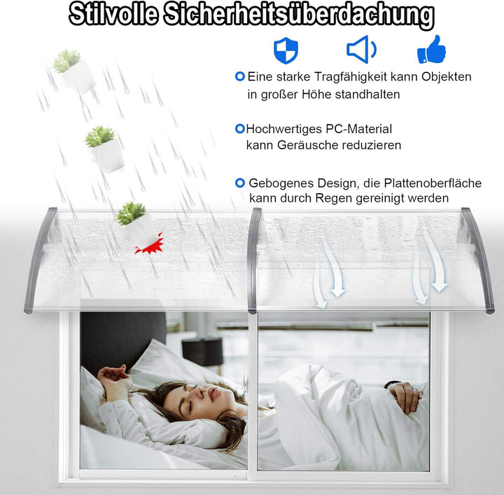 NAIZY 150 x 100cm Vordach für Haustür Pultbogenvordach Überdachung Haustür aus Polycarbonat und Alum