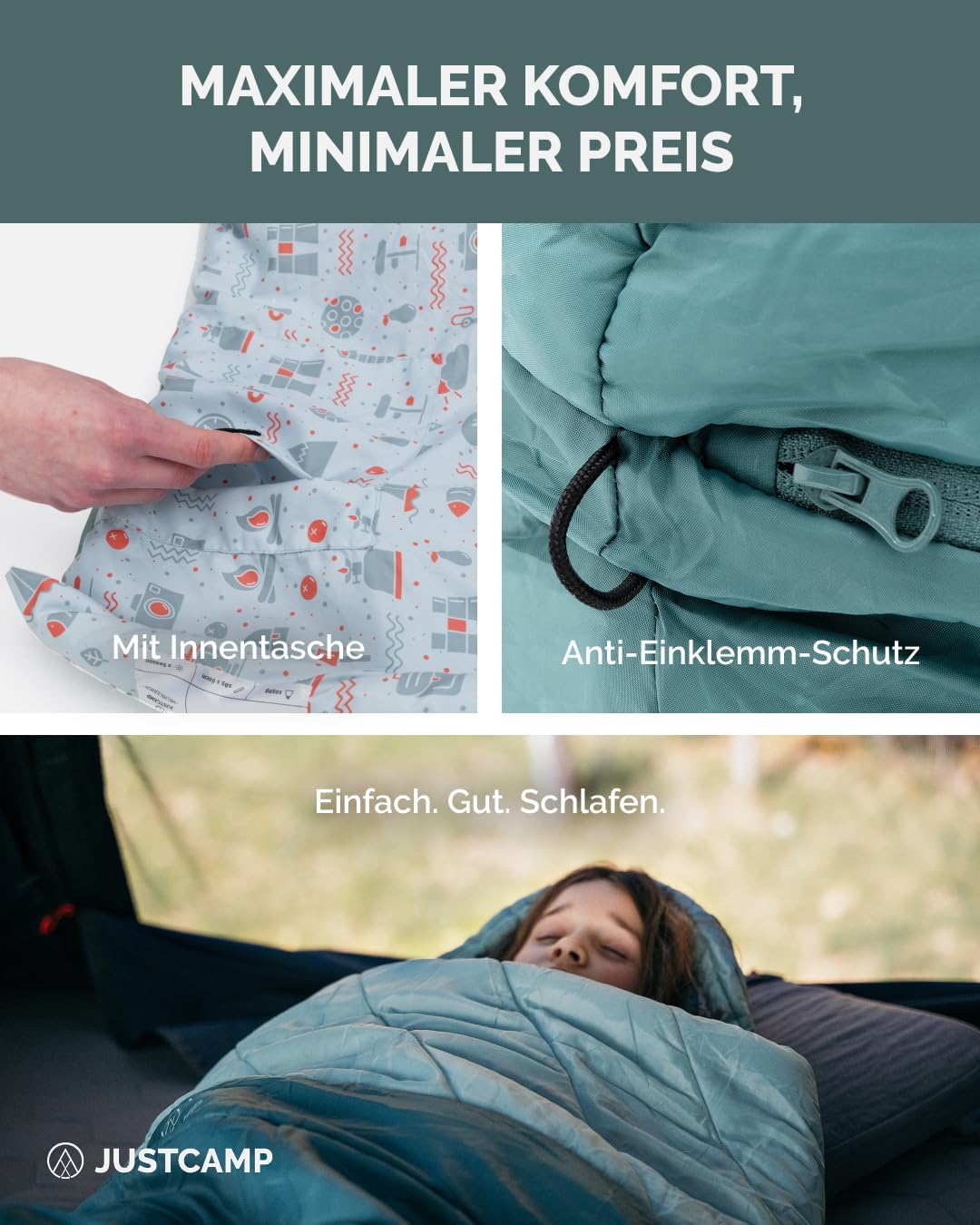Justcamp Melvin Junior Kinderschlafsack Jungs &amp; Mädchen (100-150 cm Körpergrösse), Outdoor Schlafsac