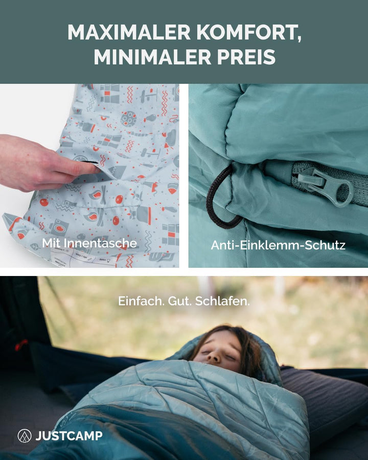 Justcamp Melvin Junior Kinderschlafsack Jungs &amp; Mädchen (100-150 cm Körpergrösse), Outdoor Schlafsac