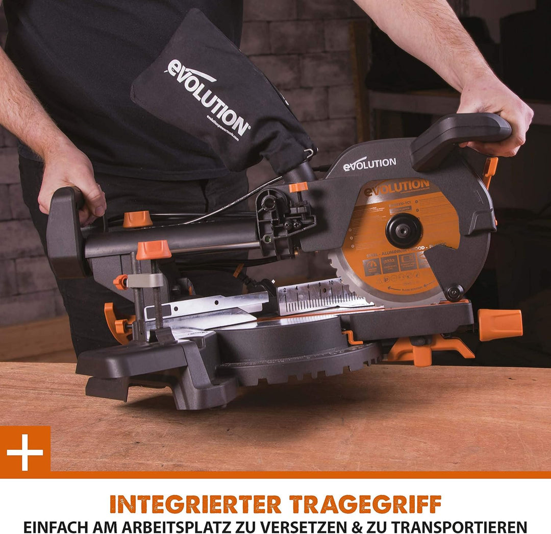Evolution Power Tools - R210SMS+ Mehrzweck-Gleit-Gehrungssäge mit Plus Pack, 210 mm (230 V) R210-SMS