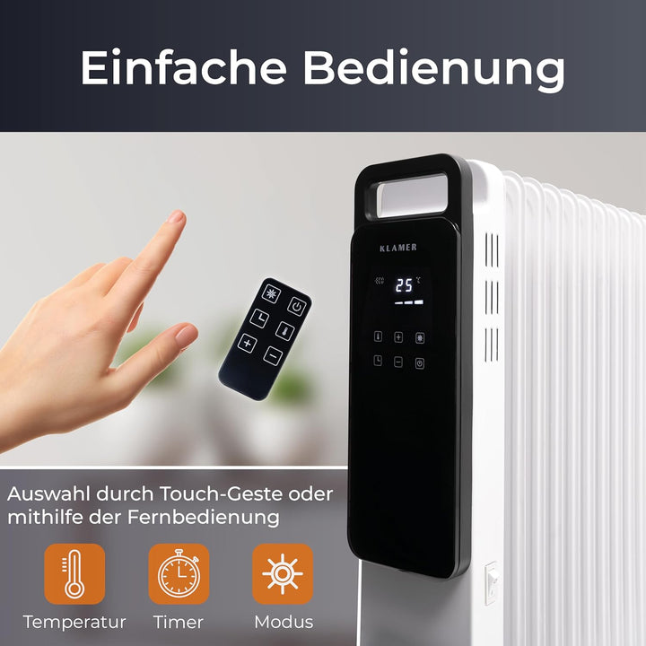 KLAMER Ölradiator 2500 W, Elektroheizung energiesparend, 13 Rippen, 3 Heizstufen mit Eco-Modus, 24h