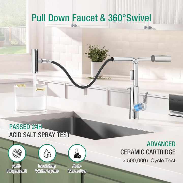 CREA Wasserfall Wasserhahn Küche Ausziehbar,Mischbatterie Edelstahl Küche mit Seifenspender,360° Dre
