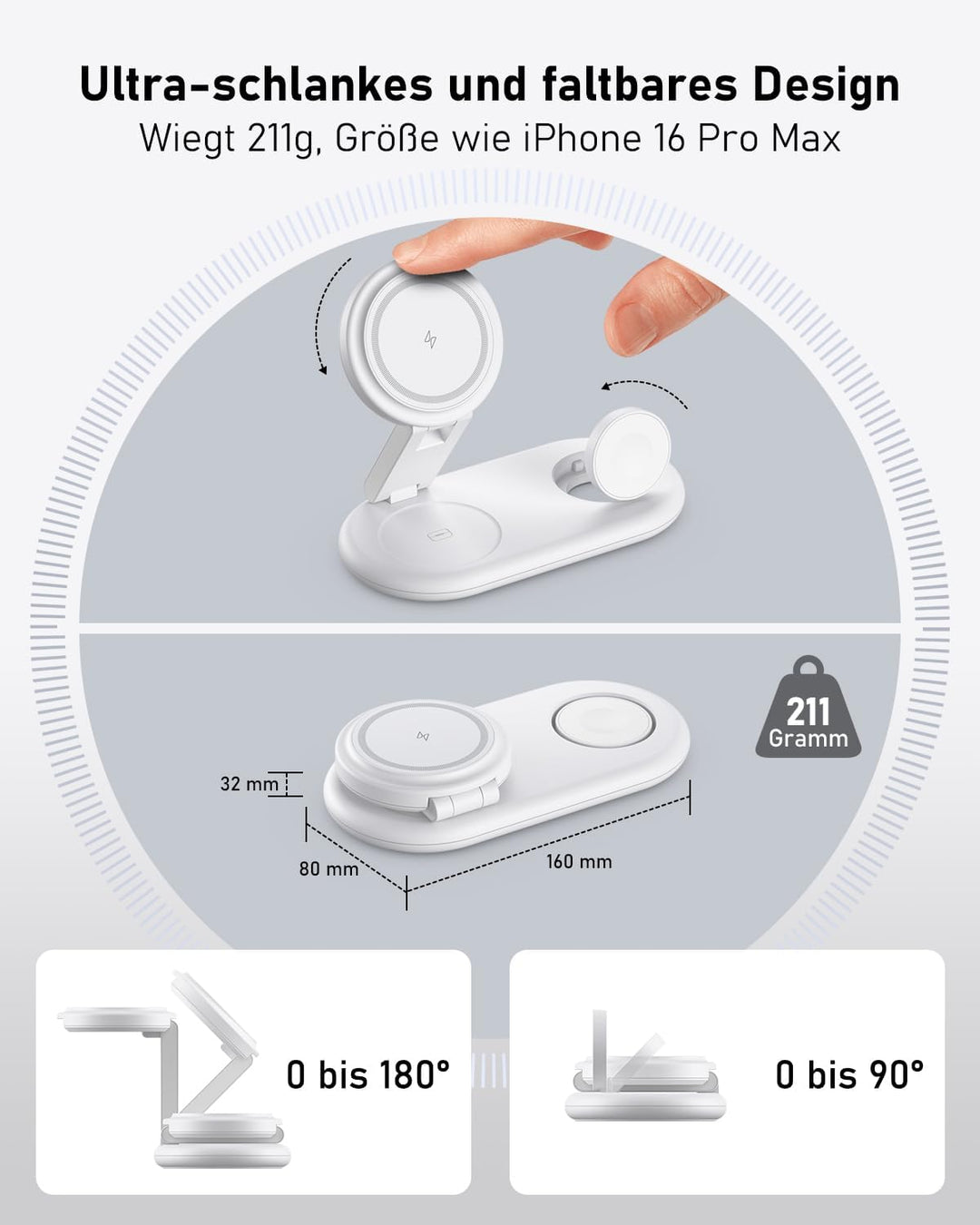 Tragbare 3 IN 1 Ladestation kompatibel mit Apple Watch und iPhone, Mag-Safe Ladegerät für iPhone 17