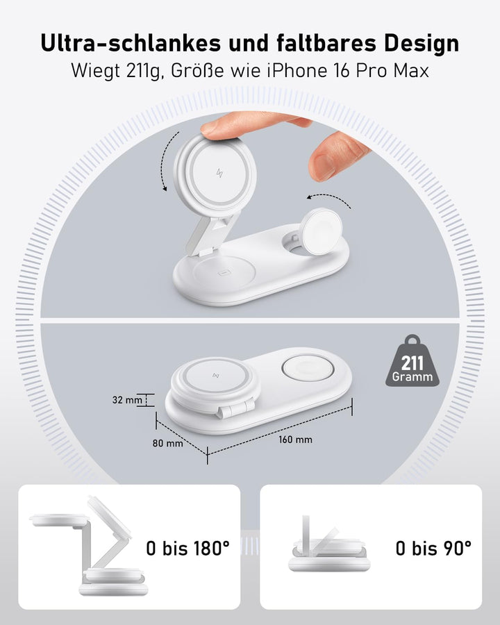 Tragbare 3 IN 1 Ladestation kompatibel mit Apple Watch und iPhone, Mag-Safe Ladegerät für iPhone 17