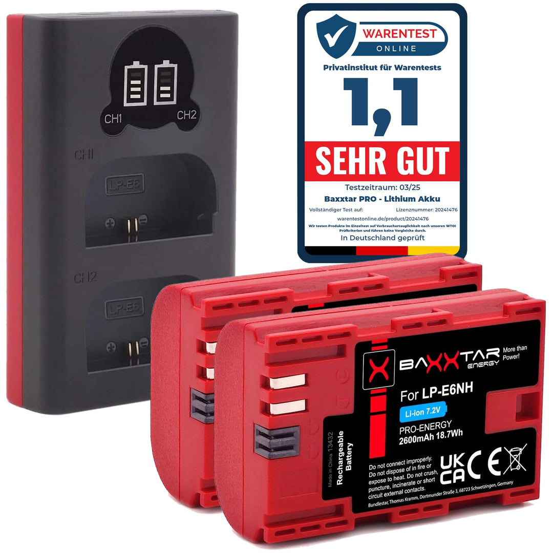 Baxxtar (2X) Pro LP-E6NH (2250mAh) kompatibel mit Canon R5 R6 R7 (Nicht mit R5c) usw. - Mini 18602 L
