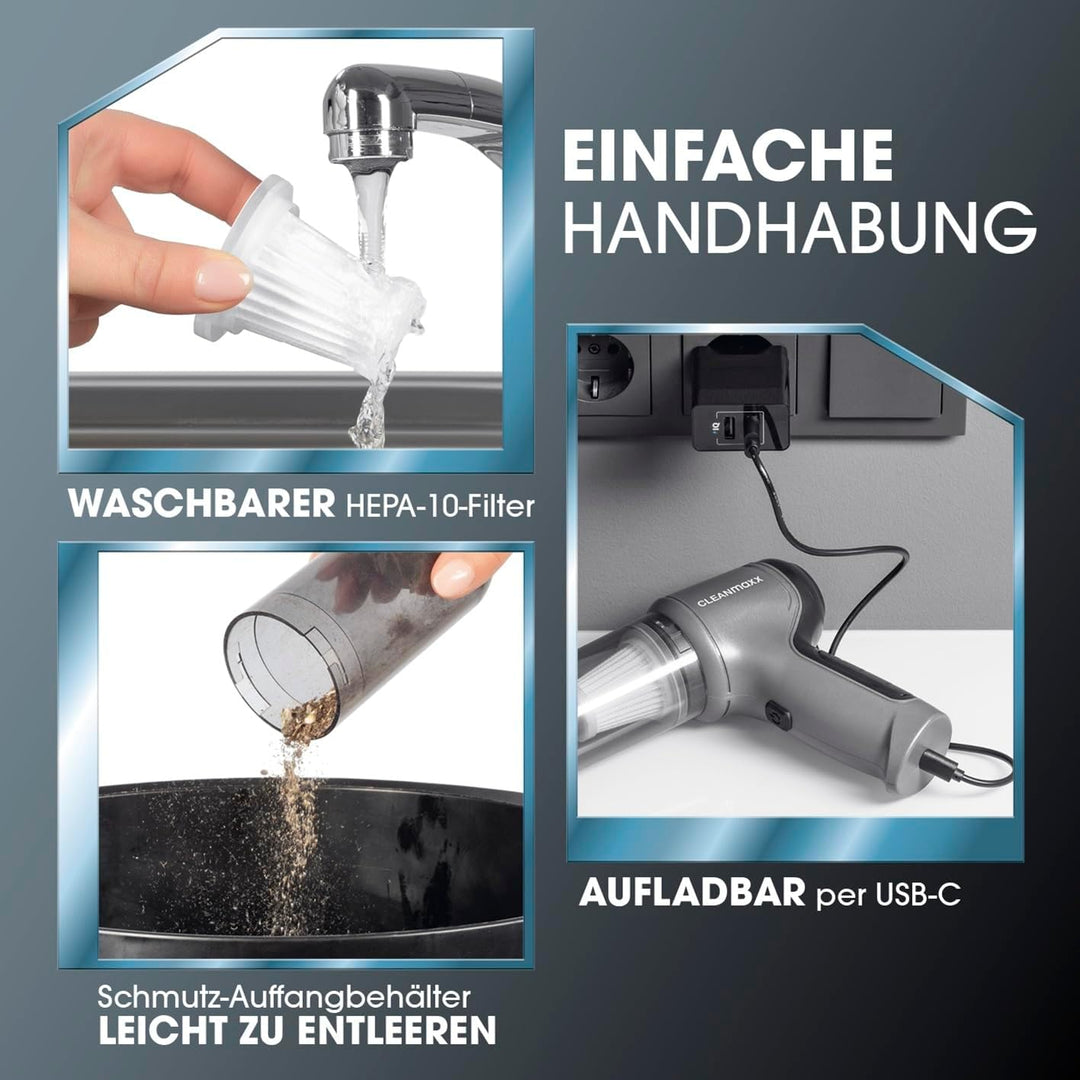 CLEANmaxx Akku Handstaubsauger | Staubsauger kabellos mit Saug-, Gebläse- und Vakuumierfunktion | Ha