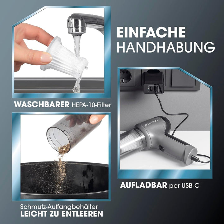 CLEANmaxx Akku Handstaubsauger | Staubsauger kabellos mit Saug-, Gebläse- und Vakuumierfunktion | Ha